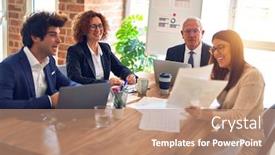  Presentation with working together - Slide deck consisting of group-of-business-workers-smiling background and a coral colored foreground