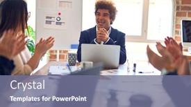  Presentation with board meeting - Presentation design consisting of group-of-business-workers-smiling background and a gray colored foreground