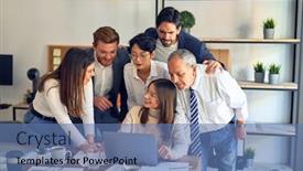  Presentation with standing sitting - PPT layouts enhanced with group-of-business-workers-smiling background and a teal colored foreground