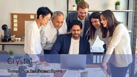  Presentation with standing sitting - Amazing slide deck having group-of-business-workers-smiling backdrop and a ocean colored foreground