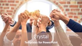  Presentation with office workers - PPT theme enhanced with group-of-business-workers-smiling background and a coral colored foreground