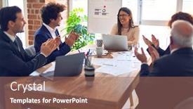  Presentation with board meeting - PPT theme enhanced with group-of-business-workers-smiling background and a violet colored foreground