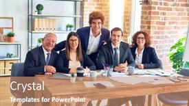  Presentation with standing sitting - Slide set featuring group-of-business-workers-smiling background and a coral colored foreground