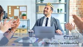  Presentation with king crown - Cool new PPT layouts with group-of-business-workers-smiling backdrop and a light blue colored foreground