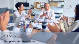  Presentation with working together - Audience pleasing PPT layouts consisting of group-of-business-workers-smiling backdrop and a light blue colored foreground