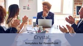  Presentation with board meeting - Slide deck consisting of group-of-business-workers-smiling background and a light blue colored foreground