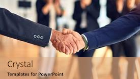  Presentation with office workers - PPT layouts having group-of-business-workers-smiling background and a coral colored foreground