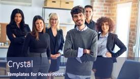  Presentation with office workers - Theme enhanced with group-of-business-workers-smiling background and a ocean colored foreground