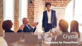  Presentation with board meeting - Beautiful presentation design featuring group-of-business-workers-smiling backdrop and a coral colored foreground