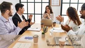  Presentation with business partner - Slides enhanced with group-of-business-workers-smiling background and a coral colored foreground