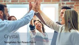  Presentation with office workers - Audience pleasing theme consisting of group-of-business-workers-standing backdrop and a light blue colored foreground