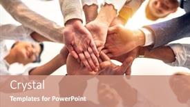  Presentation with office workers - Colorful PPT theme enhanced with group-of-business-workers-standing backdrop and a coral colored foreground