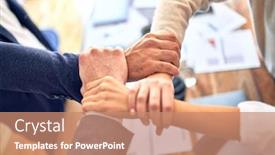  Presentation with office workers - Cool new PPT layouts with group-of-business-workers-standing backdrop and a coral colored foreground