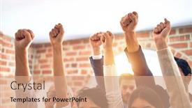  Presentation with office workers - Presentation design featuring group-of-business-workers-standing background and a coral colored foreground