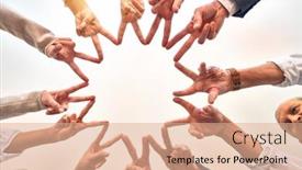  Presentation with office workers - Cool new PPT theme with group-of-business-workers-standing backdrop and a coral colored foreground