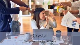  Presentation with working together - Colorful PPT layouts enhanced with group-of-business-workers-working backdrop and a light blue colored foreground