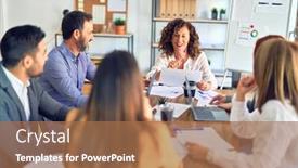  Presentation with business office desk - PPT layouts with group-of-business-workers-working background and a coral colored foreground