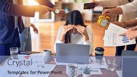  Presentation with working together - Slide deck consisting of group-of-business-workers-working background and a light blue colored foreground