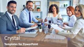  Presentation with business office desk - Cool new slides with group-of-business-workers-working backdrop and a coral colored foreground