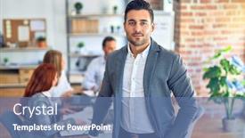  Presentation with working together - Theme with group-of-business-workers-working background and a ocean colored foreground