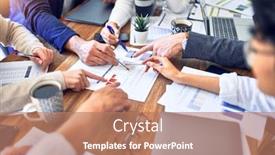  Presentation with working together - Colorful PPT theme enhanced with group-of-business-workers-working backdrop and a coral colored foreground