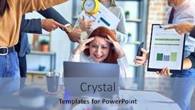  Presentation with working together - Slide deck enhanced with group-of-business-workers-working background and a light blue colored foreground