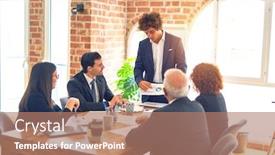  Presentation with business group meeting - Colorful slide deck enhanced with group-of-business-workers-working backdrop and a coral colored foreground