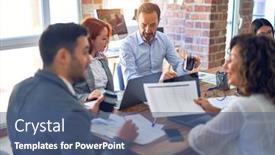  Presentation with business office desk - PPT theme with group-of-business-workers-working background and a ocean colored foreground