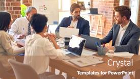  Presentation with business office desk - Slides having group-of-business-workers-working background and a coral colored foreground