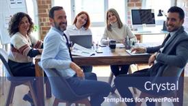  Presentation with business office desk - Theme featuring group-of-business-workers-working background and a ocean colored foreground