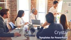  Presentation with business group meeting - Amazing presentation design having group-of-business-workers-working backdrop and a tawny brown colored foreground