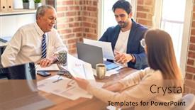  Presentation with business office desk - Beautiful slide deck featuring group-of-business-workers-working backdrop and a coral colored foreground