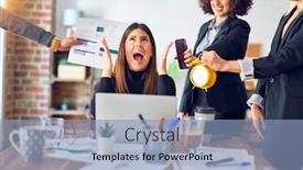  Presentation with working together - PPT theme enhanced with group-of-business-workers-working background and a light blue colored foreground