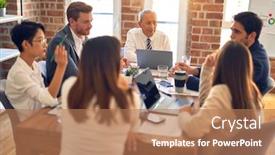  Presentation with business office desk - Beautiful slide deck featuring group-of-business-workers-working backdrop and a coral colored foreground