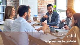  Presentation with business office desk - Presentation design enhanced with group-of-business-workers-working and a  colored foreground