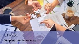  Presentation with together puzzle pieces - Audience pleasing PPT layouts consisting of group-of-business-workers backdrop and a teal colored foreground