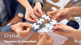  Presentation with together puzzle pieces - Amazing slide set having group-of-business-workers backdrop and a coral colored foreground
