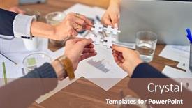  Presentation with together puzzle pieces - Presentation featuring group-of-business-workers background and a coral colored foreground