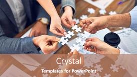  Presentation with together puzzle pieces - Amazing slides having group-of-business-workers backdrop and a coral colored foreground