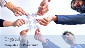  Presentation with together puzzle pieces - Audience pleasing slides consisting of group-of-business-workers backdrop and a light blue colored foreground