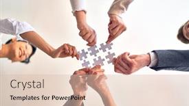  Presentation with together puzzle pieces - Colorful presentation design enhanced with group-of-business-workers backdrop and a lemonade colored foreground