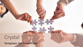  Presentation with together puzzle pieces - Slide set with group-of-business-workers background and a coral colored foreground