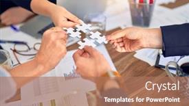  Presentation with together puzzle pieces - Audience pleasing slides consisting of group-of-business-workers backdrop and a coral colored foreground