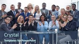  Presentation with group - Slide deck featuring group-of-businessmen-applaud-each background and a ocean colored foreground