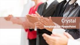  Presentation with group - Presentation design having group of businesspeople clapping hands background and a coral colored foreground