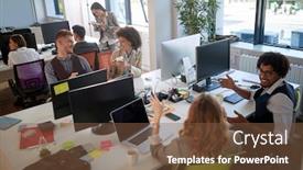  Presentation with interpersonal communication - PPT layouts having group-of-businesspeople-in-modern background and a tawny brown colored foreground