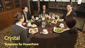 Presentation with women equality group of diverse - Slide deck enhanced with group of businesspeople in restaurant background and a tawny brown colored foreground