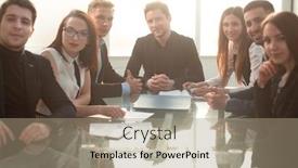  Presentation with meeting table - PPT layouts having group-of-businesspeople-meeting-around background and a coral colored foreground