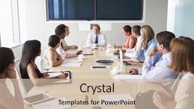  Presentation with talent meeting - Beautiful slide deck featuring group of businesspeople meeting backdrop and a  colored foreground