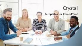  Presentation with women meeting - Theme having group of businesspeople men and women pausing discussion to look and smile at camera during meeting in office background and a white colored foreground